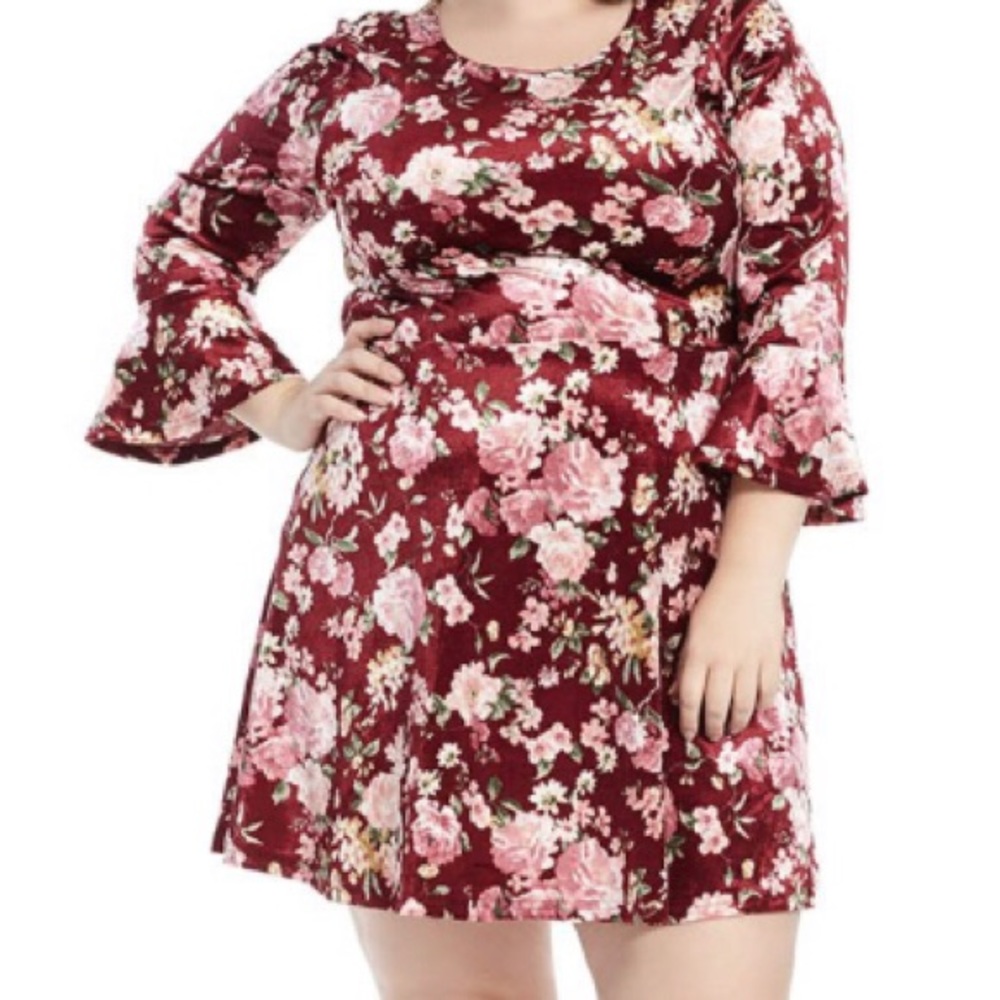 Bell Sleeve Dress In Burgundy Mauve Floral Print